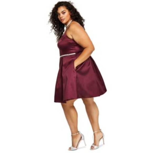 B DARLIN Trendy Plus Size V-Neck A-Line Formal Knee Length Burgundy Dress NWT - Picture 2 of 6